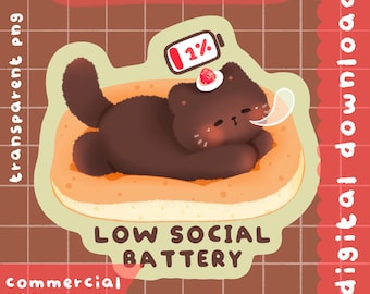 Lindo clipart imprimible kawaii de batería baja para redes sociales / uso comercial / PNG