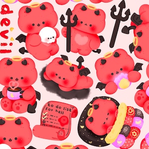 May include: A digital illustration of cute red cartoon bears with haloes and devil tails. Some bears are holding hearts, others are holding a cup of coffee, and one is holding a to-do list for hell. The background is a light pink color.