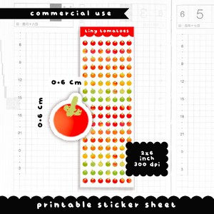 May include: A printable sticker sheet featuring tiny tomato designs in various colors. The sheet includes a large tomato sticker measuring 0.6 cm. The text "tiny tomatoes" is at the top. The sheet is 2x6 inches and 300 dpi. The text "printable sticker sheet" is at the bottom.