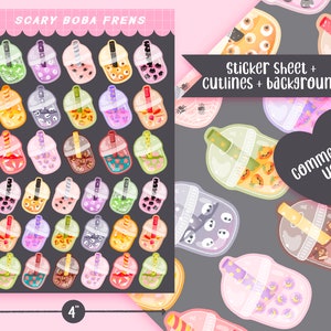 かわいい印刷可能なステッカーシート ハロウィン ボバ ステッカーシート / 商用利用 / PNG