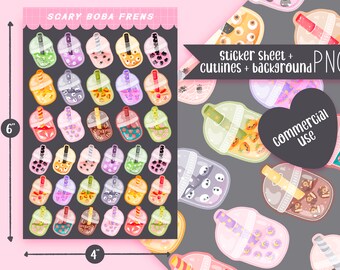 Cute Printable sticker sheet Halloween boba sticker sheet / commercial use/ PNG
