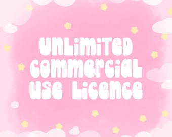 May include: A pink background with white clouds and yellow stars. The text "UNLIMITED COMMERCIAL USE LICENCE" is written in white, bold, bubble letters.