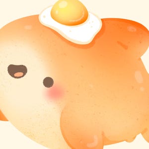 K&ouml;nnte beinhalten: Eine Cartoon-Illustration eines niedlichen, orangefarbenen Pfannkuchens mit einem Spiegelei darauf. Der Pfannkuchen hat einen gl&uuml;cklichen Ausdruck mit geschlossenen Augen und einem kleinen Rouge auf den Wangen.