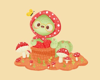 Cute Kawaii Printable mushroom picking caterpillar clipart / commercial use/ PNG