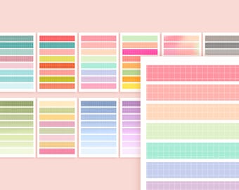 May include: A set of 12 printable planner stickers with a grid pattern and gradient color schemes. The stickers feature a variety of pastel colors, including pink, blue, green, yellow, and orange.