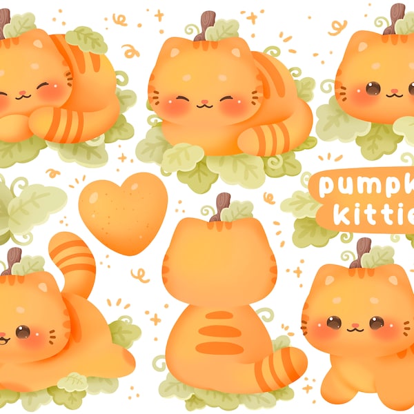 Cute kawaii Printable pumpkin kitties clipart / commercial use/ PNG