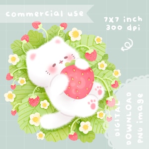 Clipart de chat mignon kawaii fraise imprimable / usage commercial / PNG