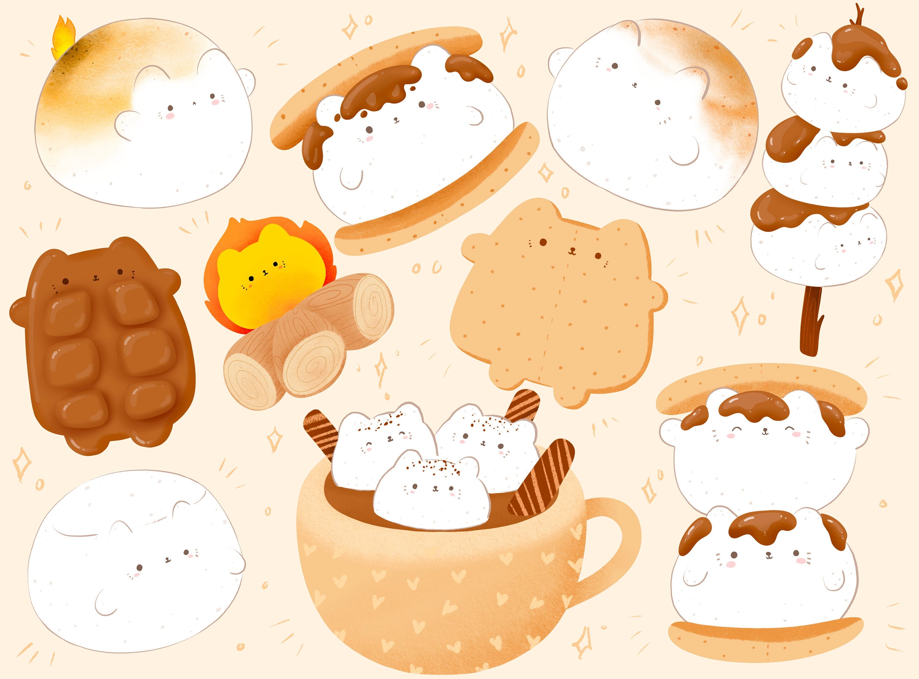 Lindo Kawaii Imprimible cat s'mores marshmallow clipart / Etsy México