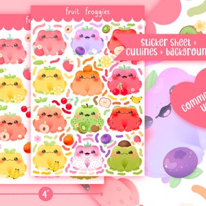 Süßer druckbarer Stickerbogen Obst Frösche / kommerzielle Nutzung/ PNG
