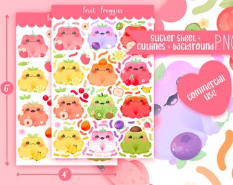 Cute Printable sticker sheet fruit frogs  sticker sheet / commercial use/ PNG