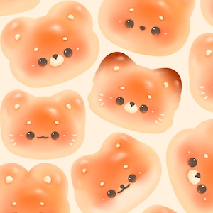 Puede incluir: Un patrón sin costuras que presenta perros Shiba Inu de estilo de dibujos animados con diferentes expresiones. Los perros son de color naranja y marrón, con detalles en blanco. El fondo es de color crema claro.