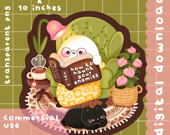 Cute kawaii  Printable ghost reading clipart / commercial use/ PNG