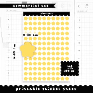 May include: A printable sticker sheet featuring numerous yellow star stickers. Each star measures 0.85 cm. The sheet includes the text "tiny stars" and "printable sticker sheet". The image dimensions are 4x6 inches at 300 dpi.