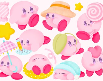May include: A collection of ten pink cartoon characters with different expressions and accessories. The characters are wearing a hat, holding a lollipop, an umbrella, a pencil, and a leaf.