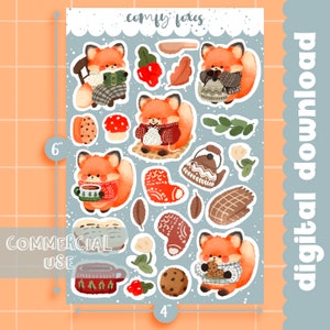 Cute Printable sticker sheet Watercolor comfy foxes sticker sheet / commercial use/ PNG