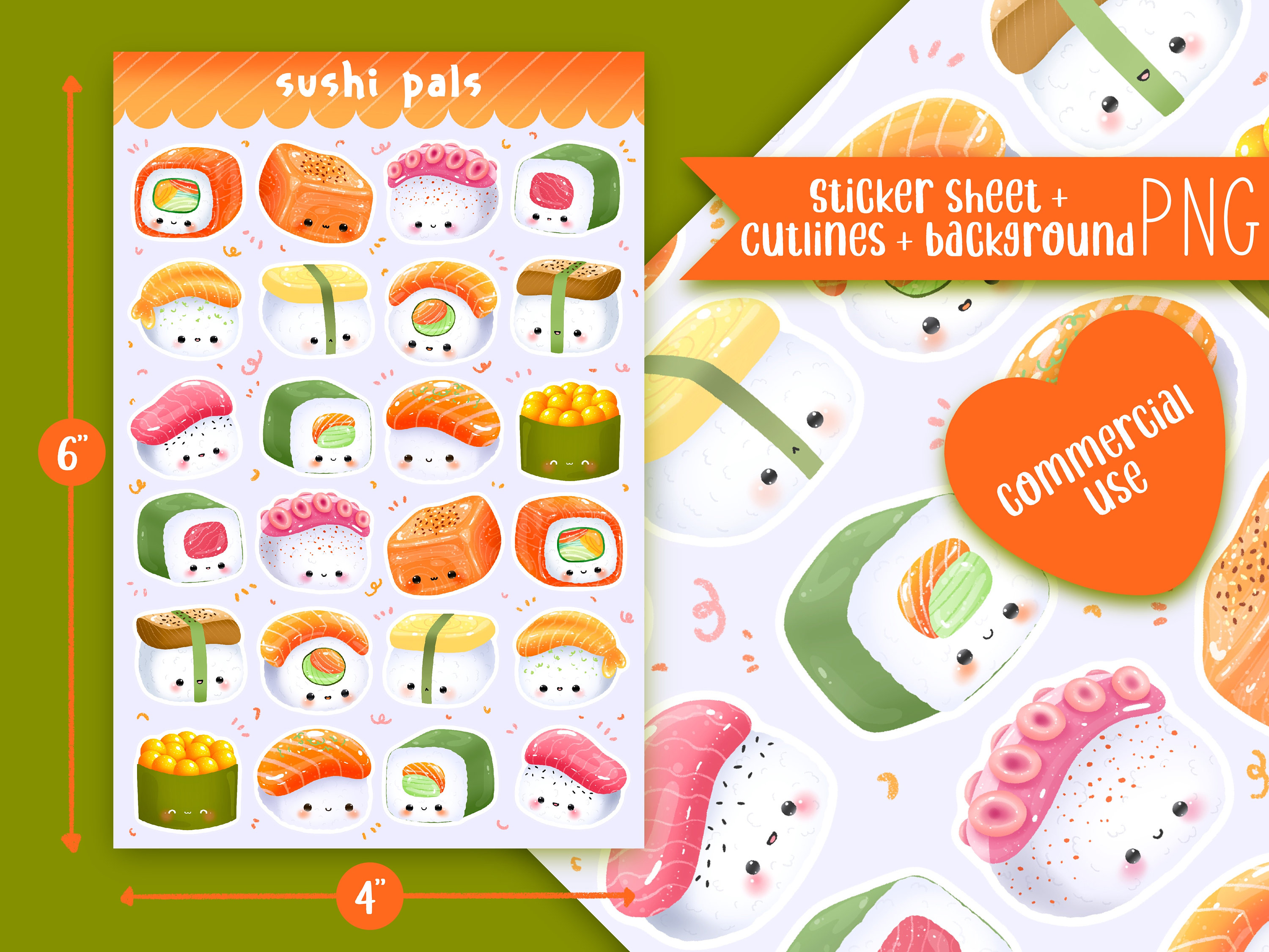 Cute Printable Sticker Sheet Sushi Sticker Sheet / Commercial Use/ PNG ...