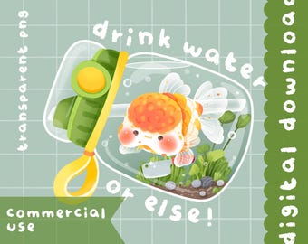 Cute kawaii Printable drink water gold fish bottle clipart / commercial use/ PNG