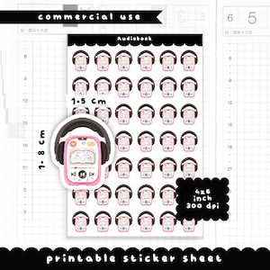 Könnte beinhalten: Druckbare Stickerbogen mit rosa Hörbuch-Player-Stickern mit Kopfhörern. Die Aufkleber sind 1,8 cm hoch und 1,5 cm breit. Das Blatt enthält auch den Text "Audiobook", "commercial use" und "printable sticker sheet".