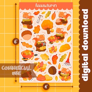 Cute kawaii Printable autumn cozy squirrel sticker sheet / commercial use/ PNG