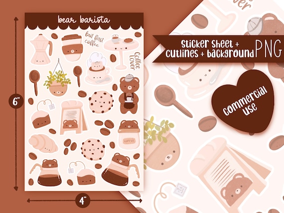 Cute Printable sticker sheet bear cafe barista sticker sheet / commercial use/ PNG