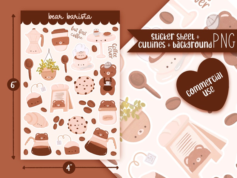 May include: A sticker sheet featuring a collection of cute bear-themed coffee shop illustrations. The sheet includes a coffee pot, coffee cups, cookies, a plant, a sign, and other coffee-related items. The sheet is 10 cm by 15 cm and is designed for commercial use.