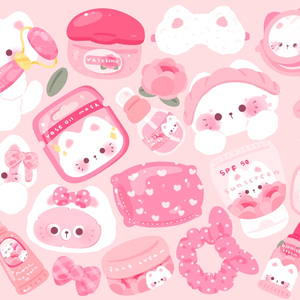 Cute kawaii Printable chibi beauty skin care routine kitty clipart / commercial use/ PNG