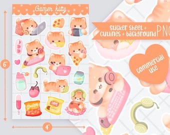 Cute Printable sticker sheet kitty gamer pack sticker sheet / commercial use/ PNG