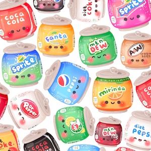 May include: A repeating pattern of cartoon soda cans with smiling faces. The cans feature various brands like Coca-Cola, Sprite, Fanta, and Pepsi. Each can has a different color and design, with the brand name prominently displayed.