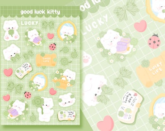 Cute Printable sticker sheet lucky kitten clover sticker sheet / commercial use/ PNG