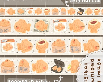 May include: A digital paper tape design featuring illustrations of Japanese Taiyaki fish-shaped pastry with various fillings. The design includes text in Japanese, such as "Taiyaki" and "Custard Cream".