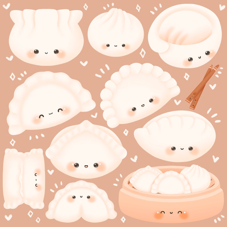 Puede incluir: Ilustraci&oacute;n de varias empanadillas blancas con caras sonrientes y lindas. Las empanadillas est&aacute;n dispuestas sobre un fondo marr&oacute;n claro con peque&ntilde;as formas de coraz&oacute;n y diamante. Tambi&eacute;n se incluye un par de palillos.