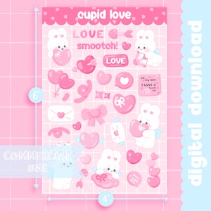 Cute Printable sticker sheet Love bunny cupid sticker sheet / commercial use/ PNG