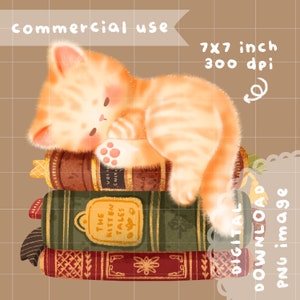 Cute kawaii Printable cat sleeping on books clipart / commercial use/ PNG