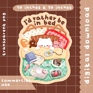 Pode incluir: Um adesivo digital para download com um gato branco fofo na cama, cercado por travesseiros, um ursinho de pelúcia e outros itens. O adesivo tem 25,4 cm por 25,4 cm e inclui o texto "I'd rather be in bed."