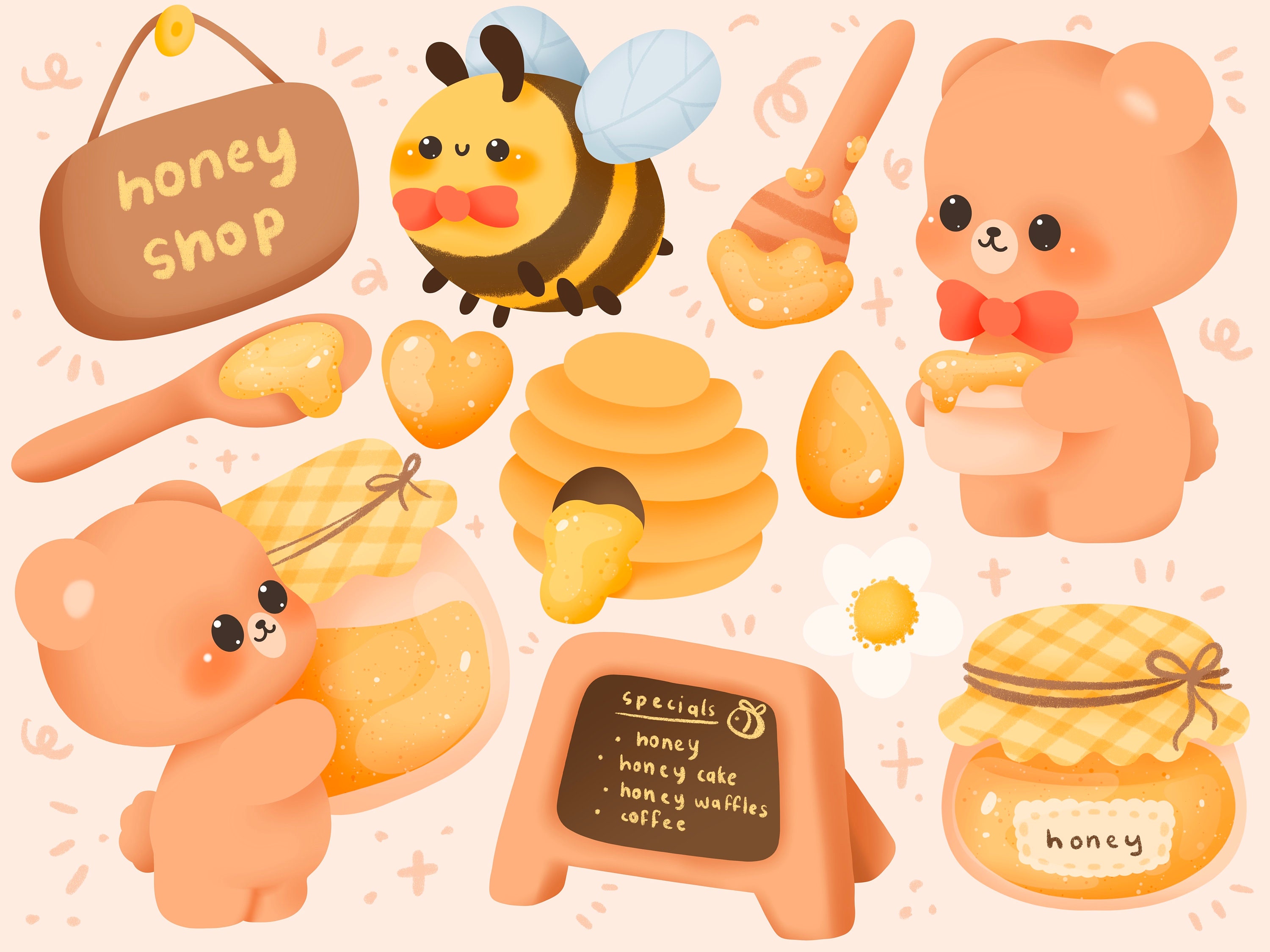 Cute Kawaii Printable bear and bee s honey shop clipart commercial use PNG