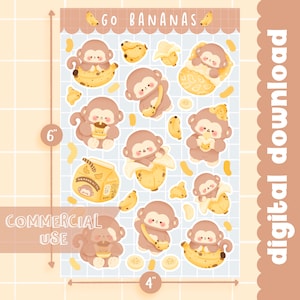 Feuille d'autocollants banane singe imprimable mignon / usage commercial / PNG