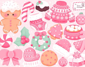 Cute kawaii Printable pink christmas clipart set / commercial use/ PNG