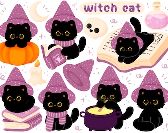 Cute kawaii Printable witch kitties clipart / commercial use/ PNG