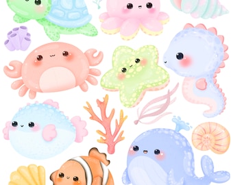 Cute Kawaii Printable pastel sea animals clipart / commercial use/ PNG