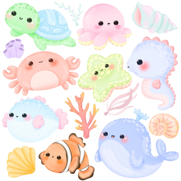 Cute Kawaii Printable pastel sea animals clipart / commercial use/ PNG