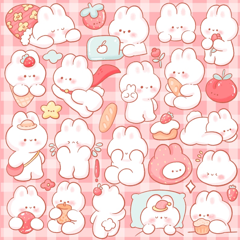 Cute Kawaii Printable Chibi Strawberry Bunny Clipart / - Etsy
