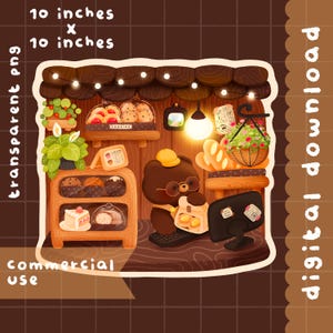May include: A digital illustration of a bear character in a bakery setting. The image is 10 inches by 10 inches and features a bear wearing glasses and a hat, working at a computer. The bakery has various baked goods and plants.