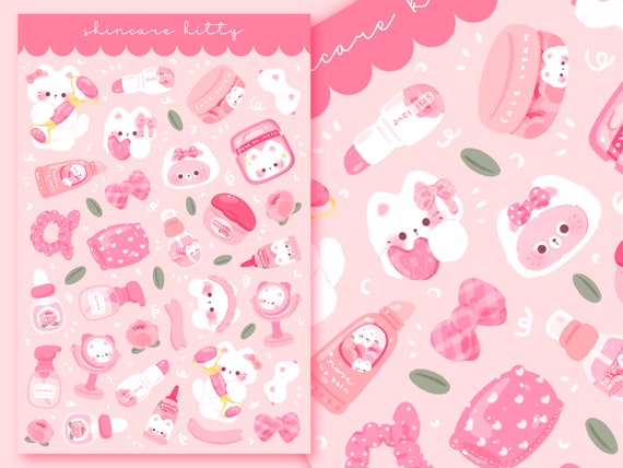 Cute Printable sticker sheet skin care kitten sticker sheet / commercial use/ PNG