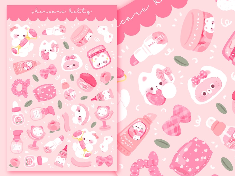 May include: Pink and white illustrated sticker sheet with a skincare kitty theme. The sheet features various images of cute cartoon cats, skincare products, and accessories. The text "skincare kitty" is at the top of the sheet.