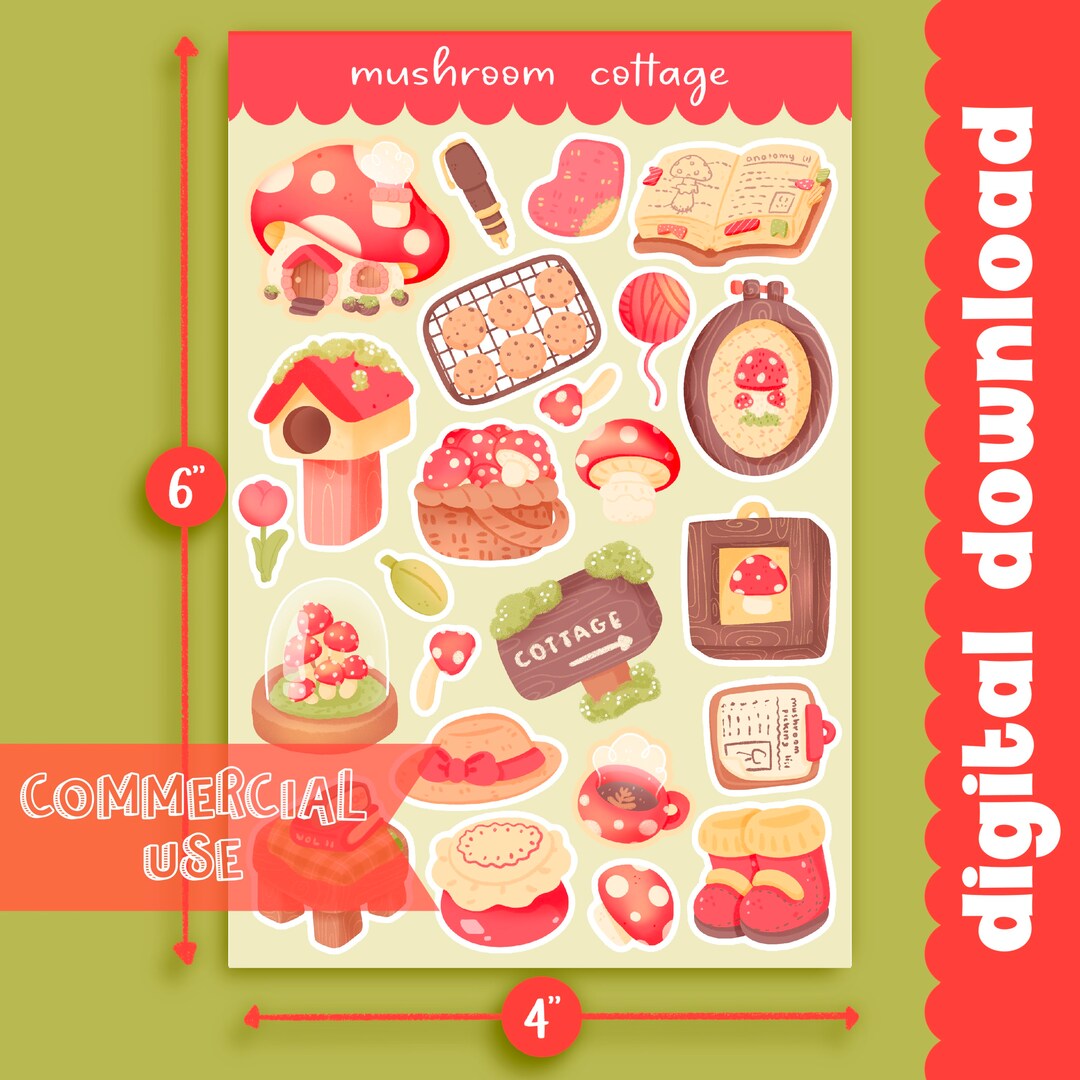 Cute Printable Mushroom Cottage Sticker Sheet / Commercial Use/ PNG - Etsy