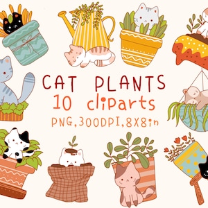 Cute Kawaii Printable Cat and Plants clipart / commercial use/ PNG