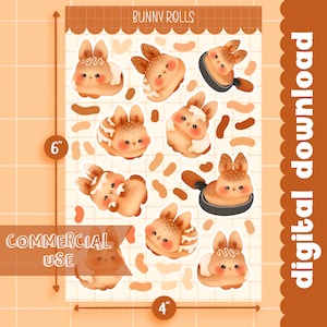 Cute Printable sticker sheet bunny cinnamon rolls / commercial use/ PNG