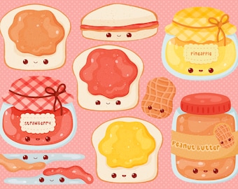 Cute Kawaii Printable peanut butter jelly sandwich clipart set / commercial use/ PNG