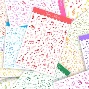 Puede incluir: Un conjunto de diez hojas de pegatinas de notas musicales de colores. Cada hoja presenta un color diferente de notas musicales sobre un fondo blanco. Las hojas están dispuestas en un patrón aleatorio, con algunas superpuestas. El texto "Music Notes" está impreso en una de las hojas.