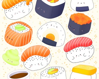 Cute Kawaii Printable Asian food sushi clipart / commercial use/ PNG